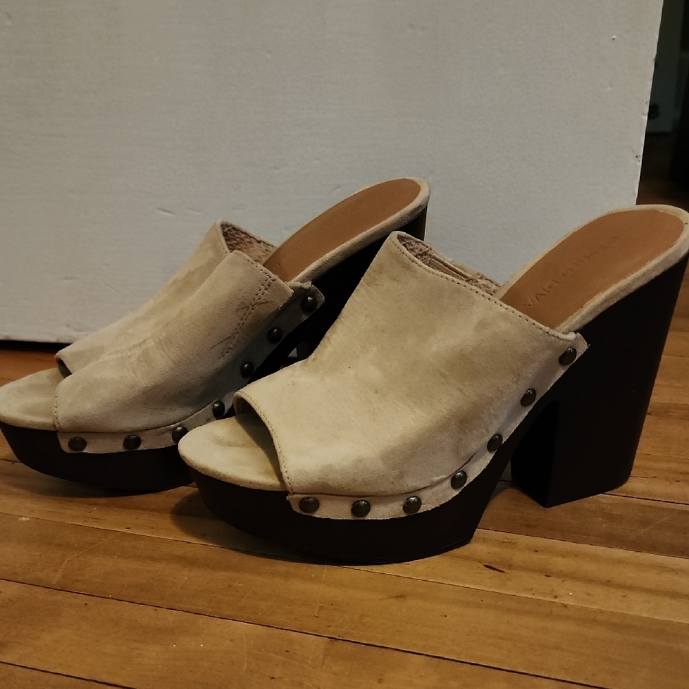 Wild Diva Cream Platform Mules with Stud Accents